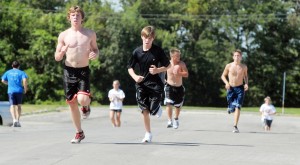 Cody Applegarth, Nicholas, Lewis, Devon Dozier and Grant Maimer finish their first cross country practice Monday afternoon